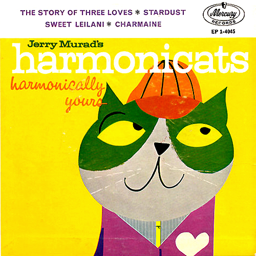 Jerry Murad's Harmonicats Harmonically Yours vinyl record cover with cat artwork